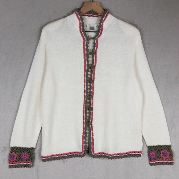 VTG CHRISTOPHER BANKS Crochet Cardigan Sz L White Cotton Grandma Cottage Button - Picture 1 of 15